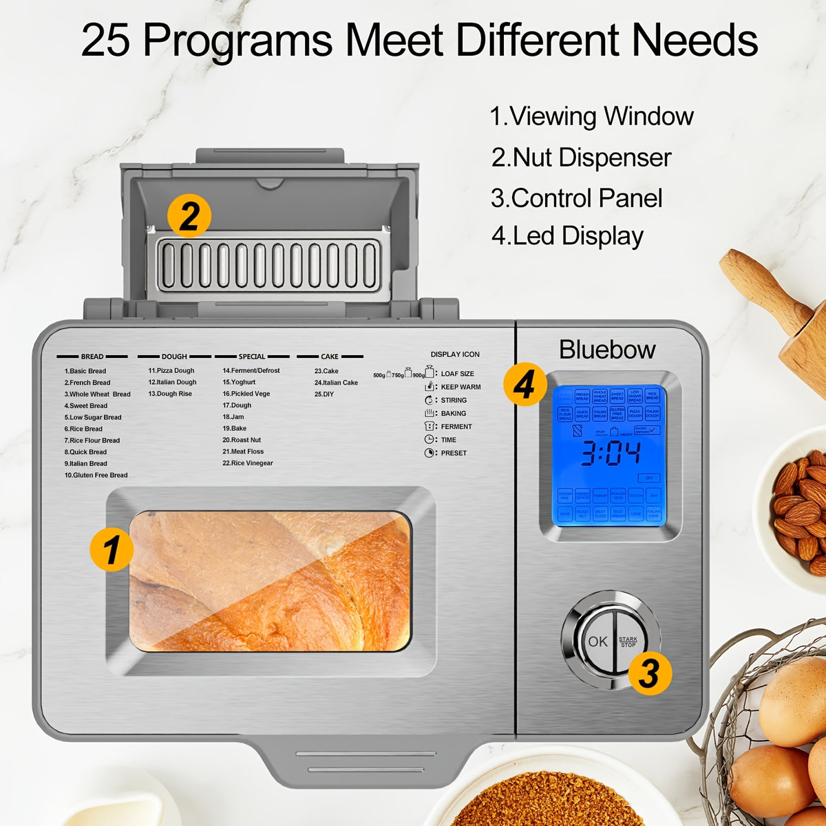 25-in-1 Bread Maker, 2LB Bread Machine With Auto Fruit/Nut Dispenser, Gluten-Free Setting, 3 Loaf Sizes& 3 Crust Colors, Keep Warm&13H Delay Timer, Digital Display, Stainless Steel