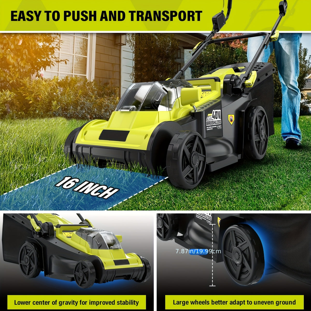 40V 16-inch Cordless Lawn Mower With 11.89gal Grass Collection Bag, 6 Position Height Adjustment Electric Lawn Mower, 2 X 20V 4.0Ah Battery Powered Push Lawnmower, 2.4A Fast Charger Included