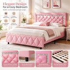 HOMBCK Twin Full Queen King Bed Frame, Padded Platform Bed with Button Tufting Headboard, Princess Platform Bed with Diamond Design, Halloween Decoration, Wooden Strip Support, No Spring Box Needed, Easy to Assemble, Pink/White/Black/Beige