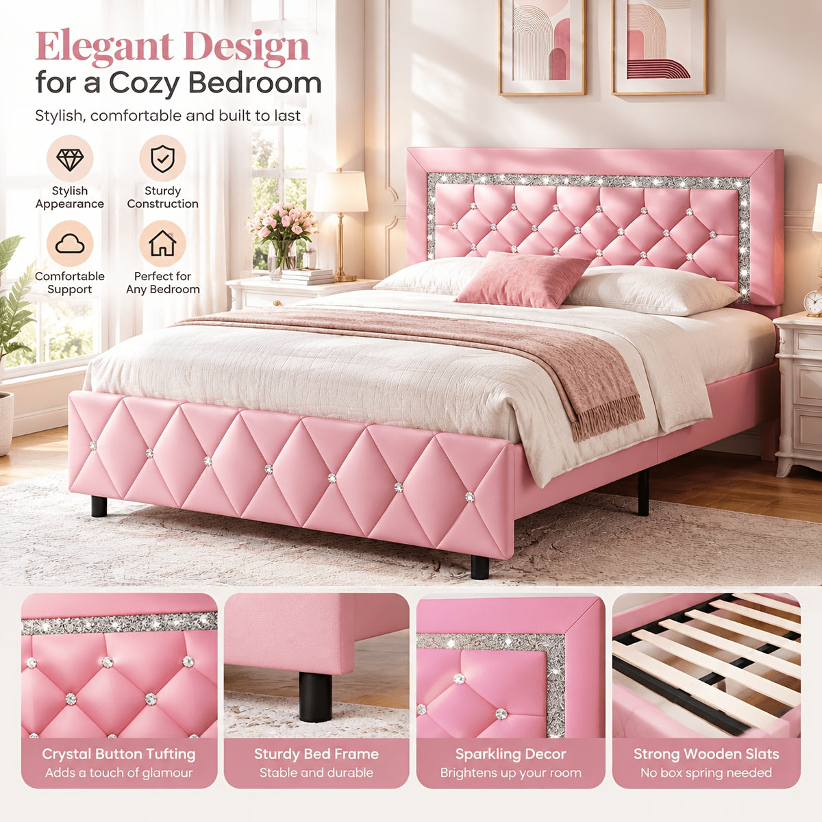 HOMBCK Twin Full Queen King Bed Frame, Padded Platform Bed with Button Tufting Headboard, Princess Platform Bed with Diamond Design, Halloween Decoration, Wooden Strip Support, No Spring Box Needed, Easy to Assemble, Pink/White/Black/Beige