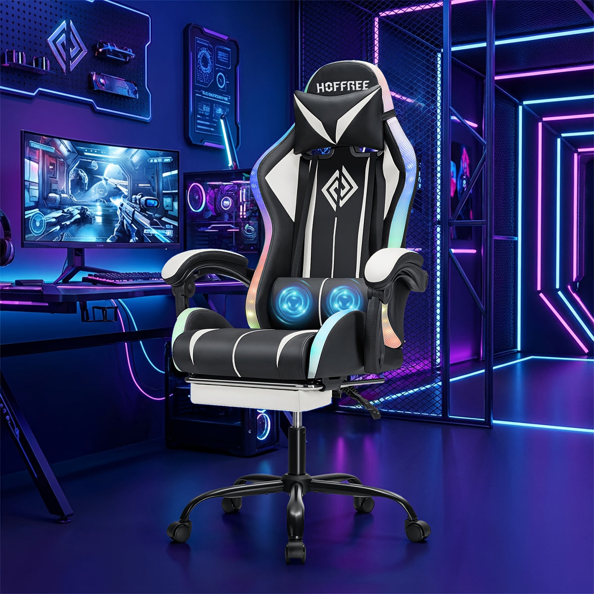 RGB Gaming Chair with LED Lights And Massage Ergonomic Computer Chair High Back Video Game Chair with Footrest And Adjustable Lumbar Support Linkage Armrest