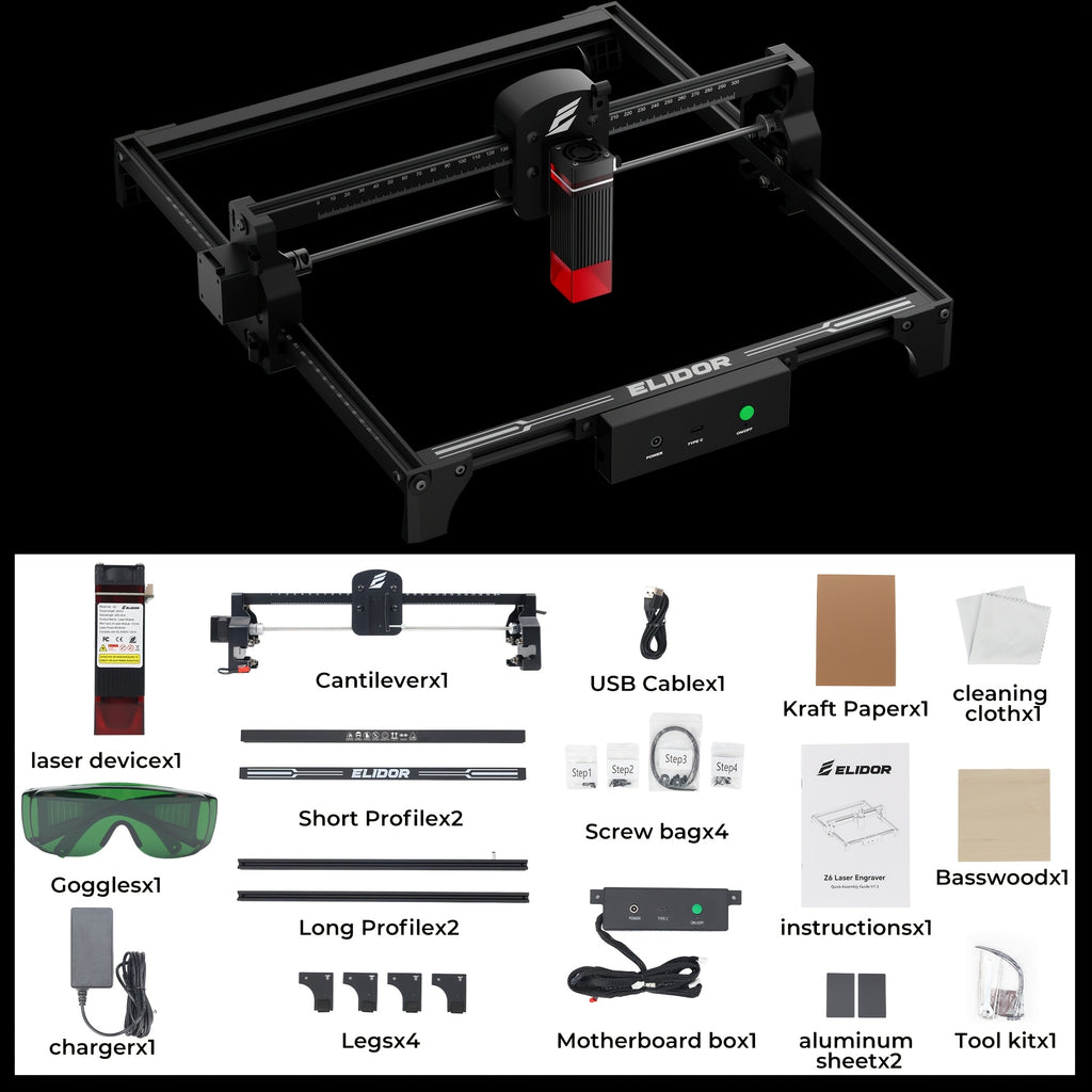 ELIDOR Z6 Laser Engraving And Cutting Machine 0.01 High Precision 6000Mw High Power 300 X 300Mm Engraving Area, Engraving Speed 10000Mm/Min, High Cost-Performance Engraving Machine Tool, Can Engrave Wood Leather Jewelry Coating Metal Etc