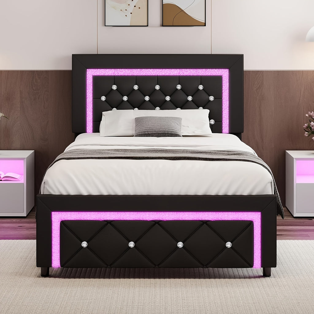 Twin Full Queen Bed Frame with LED Lights, Upholstered Platform Bed with Diamond Tufted Headboard, No Box Spring Needed, Noise Free, Easy Assembly, Black/Pink/White