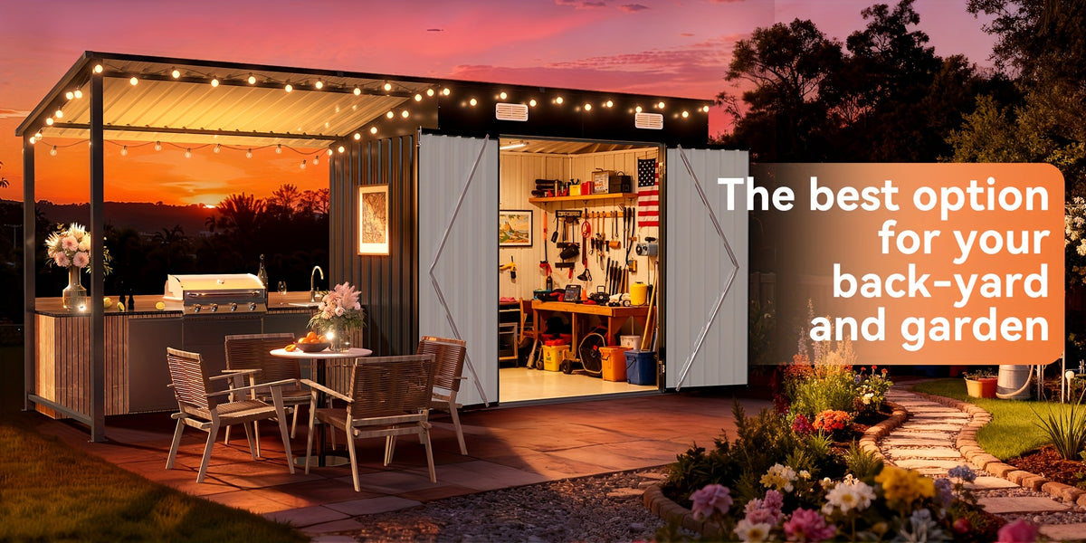6x4/5x3/8x6ft Outdoor Storage Shed & Hardtop Gazebo Combo, 2-in-1 Outdoor Combo, Metal Lean to Shed with Open-Sided Pergola, Durable Garden Tool Shed for Patio, Backyard, Deck..