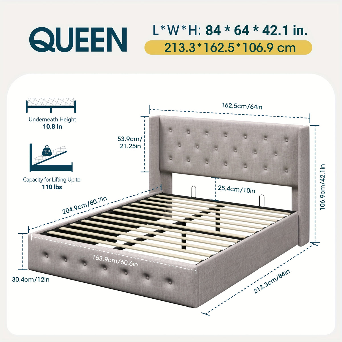 WEEWAY Lift Up Storage Bed, Modern Wingback Upholstered Headboard, Hydraulic Platform Bed, Wooden Slats Support, Heavy Duty Mattress Foundation, No Box Spring Needed, Easy Assembly, Full/Queen/King Size, for House Bedroom Furniture, Free Shipping