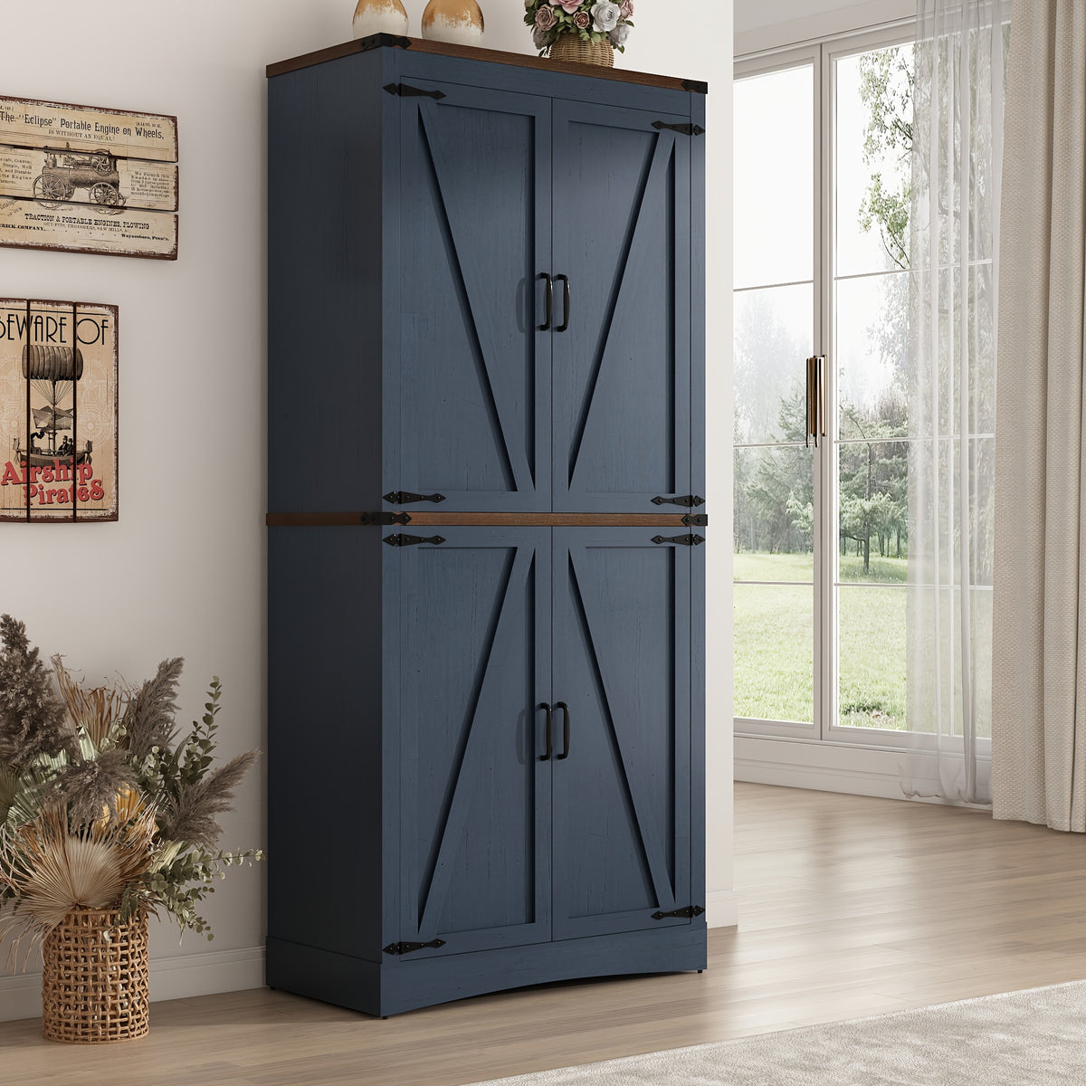 Farmhouse Tall Storage Cabinet with 4 Doors & Adjustable Shelves, 71in Pantry Cabinet for Kitchen, Living Room, Dining Room, Bathroom, Rustic Wood Storage Cabinet