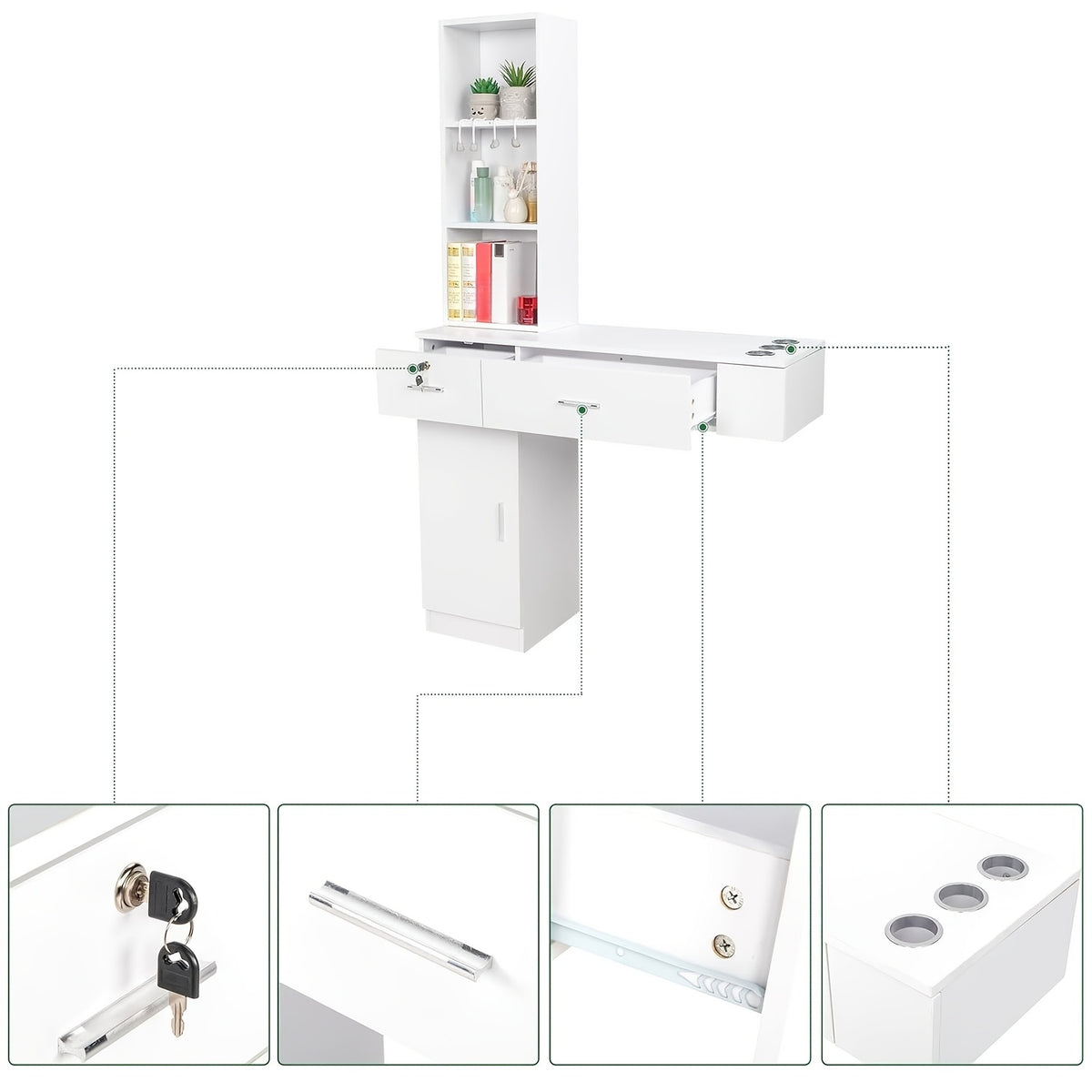 [Barber Stations Set] Omysalon Wall-Mounted Barber Stations, Salon Stations for Hair Stylists, Hair Styling Equipment Set with Storage Unit, 2 Drawers And 3-Tier Shelf (White/Black & Red/Black)