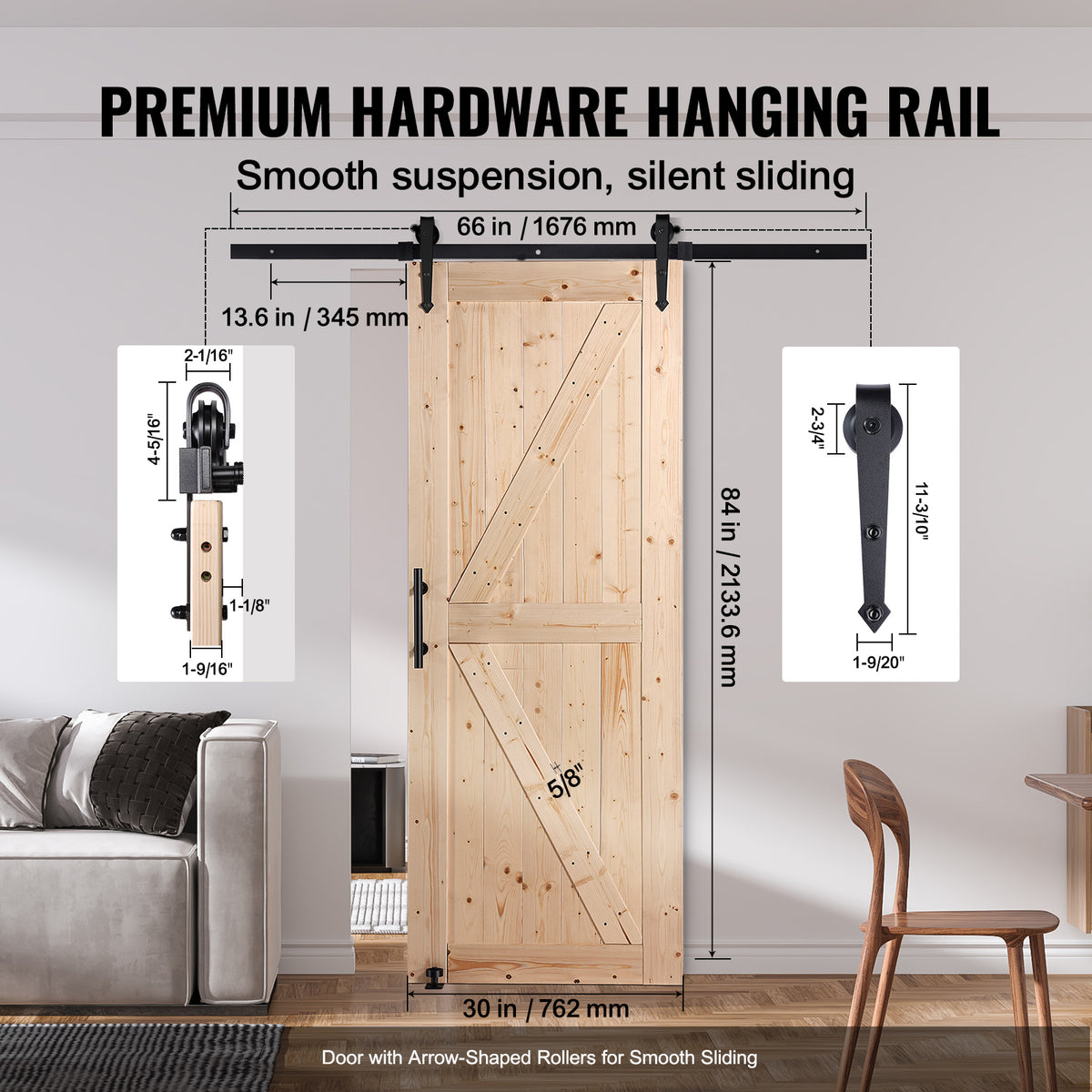 VEVOR Barn Door and Hardware Kit, 30/36" x 84" Wood Sliding Barn Door, Smoothly and Quietly, Barn Door Kit with 8-in-1 Floor Guide and Door Handle, Spruce Wood Panelled Slab, Easy to Install