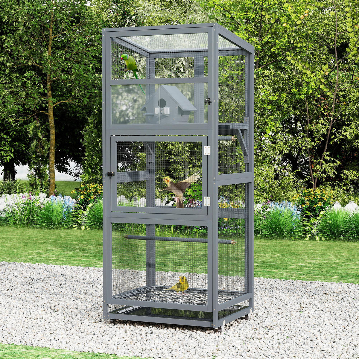 68.3''Enclosure Wood Tilted Flat Top Floor Bird Cage Equipped with Stand and Wheels