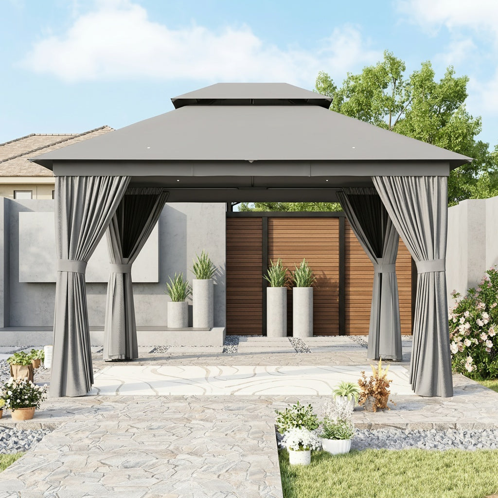 10'x12'/10'x10'/8'x8' Outdoor Gazebo & Pergola for Patio - Double Roof Steel Canopy with Mosquito Net And Privacy Screen, Heavy Duty Party Tent Shelter for Backyard, Lawn, Garden, All-Weather Gazebos with Patio Cover (Grey/Beige/Blue)