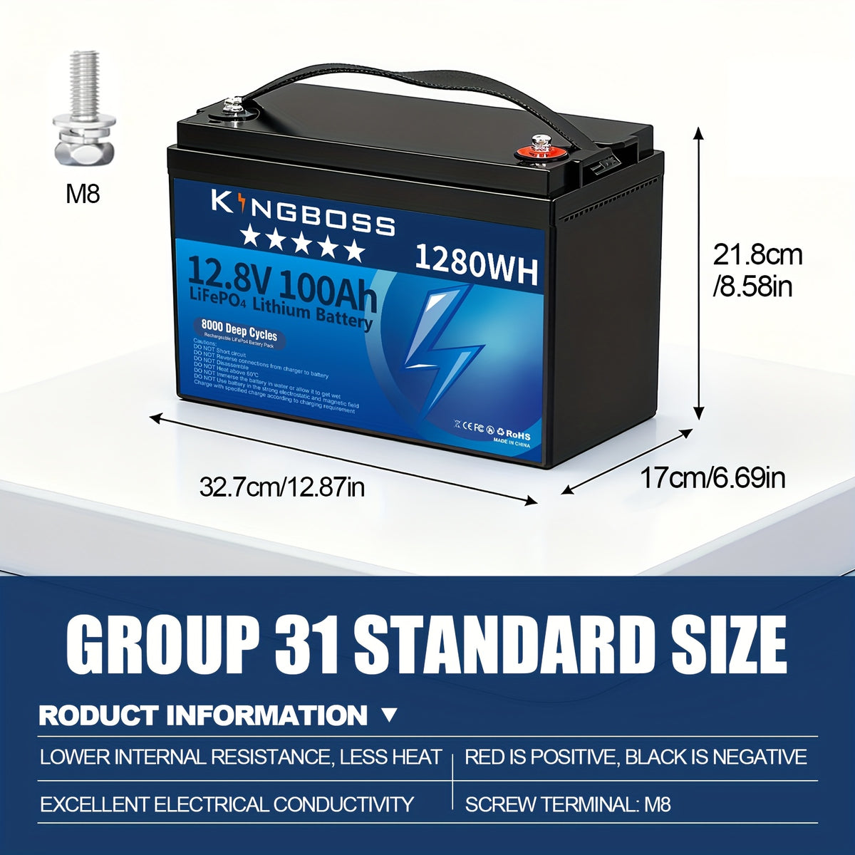 12.8V 100Ah Lifepo4 Battery, Built-In 100A BMS, Grade A Lithium Iron Phosphate Cells, Max. 1280Wh Lithium Iron Phosphate Battery with Up to 15000 Cycles And 10 Years Lifespan for RV, Camper, Solar Energy, Off-Grid, Trolling Motor
