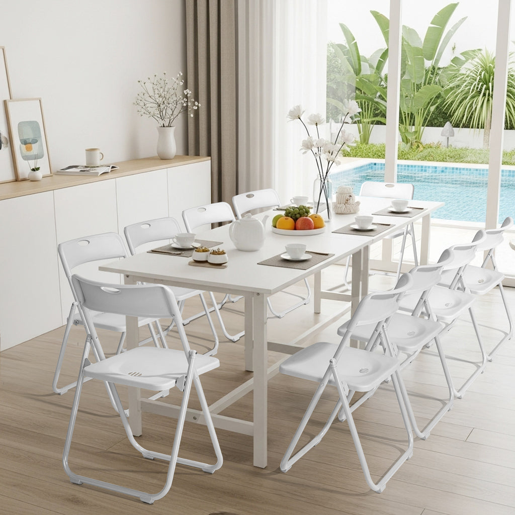 Set of 10 Durable Metal Frame Folding Chairs, Stackable Plastic Seating for Commercial Use, Ideal for Family Gatherings, Celebrations, Outdoor Meals, Educational Institutions, And Weddings. Designed for Hard Surfaces, Easy to Clean
