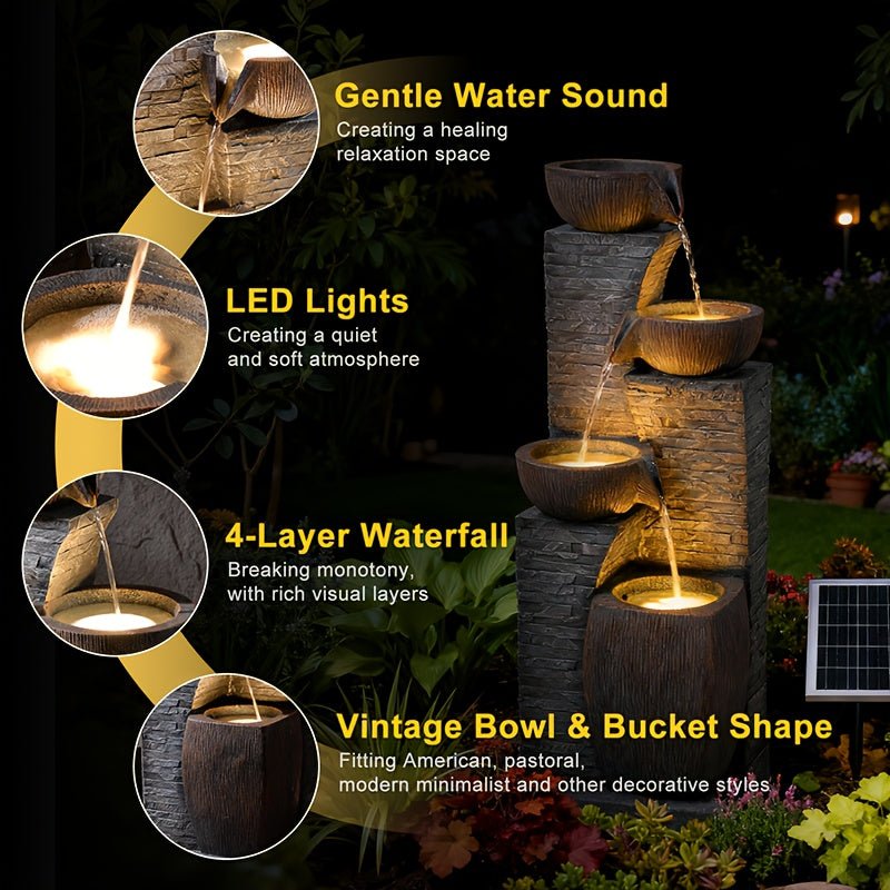 Solar Outdoor Water Fountain, 38.2-Inch 4-Tier Cascading Bowls and Stacked Stones with LED Lights