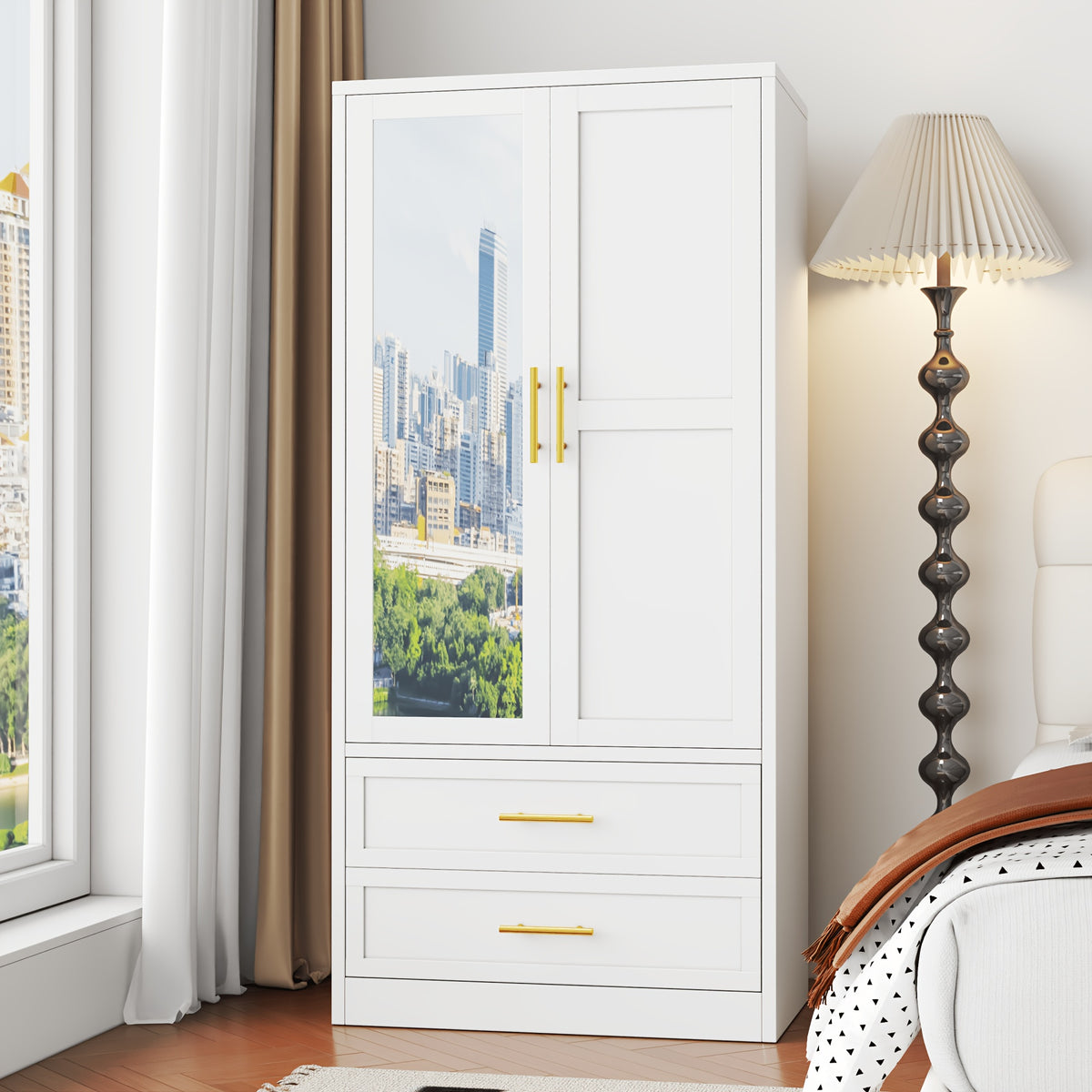 71 Inch Metal Wardrobe with Mirror, 2 Drawers, Adjustable Shelves And Hangers, Clothing Storage Cabinet for Bedroom