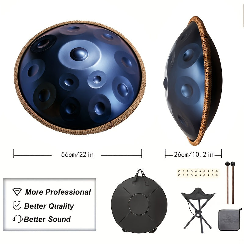 12 Notes Handpan Drum, 22Inch D Minor Kurd 432Hz Steel Tongue Hand Pan Drum for Adults Yoga Meditation, Hand Tuning Sound Healing Instrument Gift for Beginners with Soft Bag, Hand Mallets, Stand, Cloth, Sound Stickers