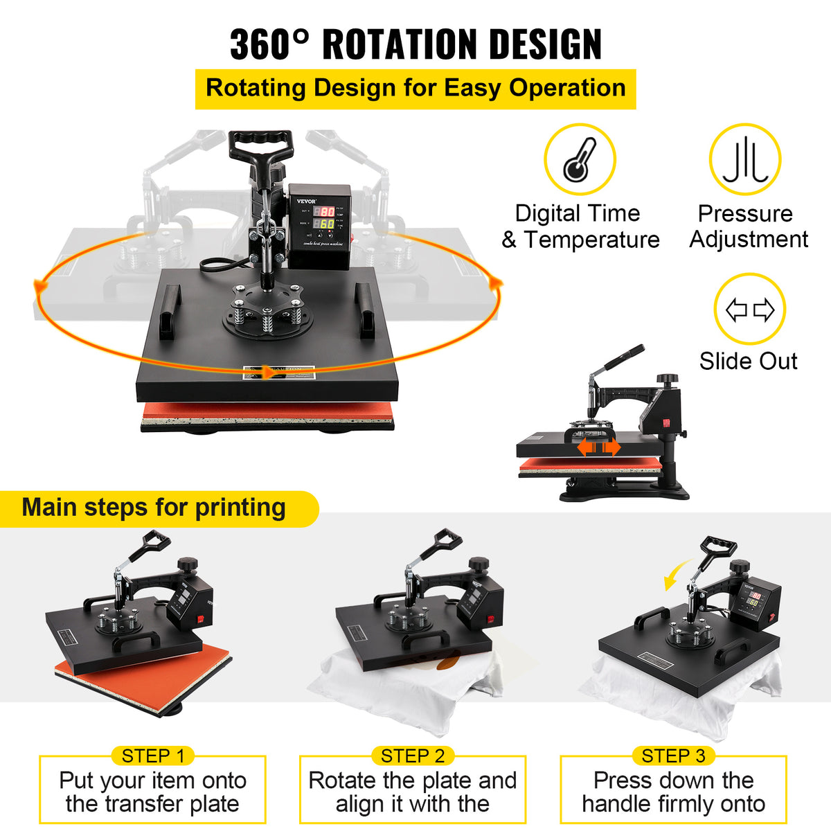 VEVOR Heat Press 15x15 Inch 8 in 1 Heat Press Machine Digital Multifunctional Sublimation Heat Transfer Machine Dual LED Display 360 Degree Rotation Swing Away for Printing T Shirts Hat Mug Cap Plate