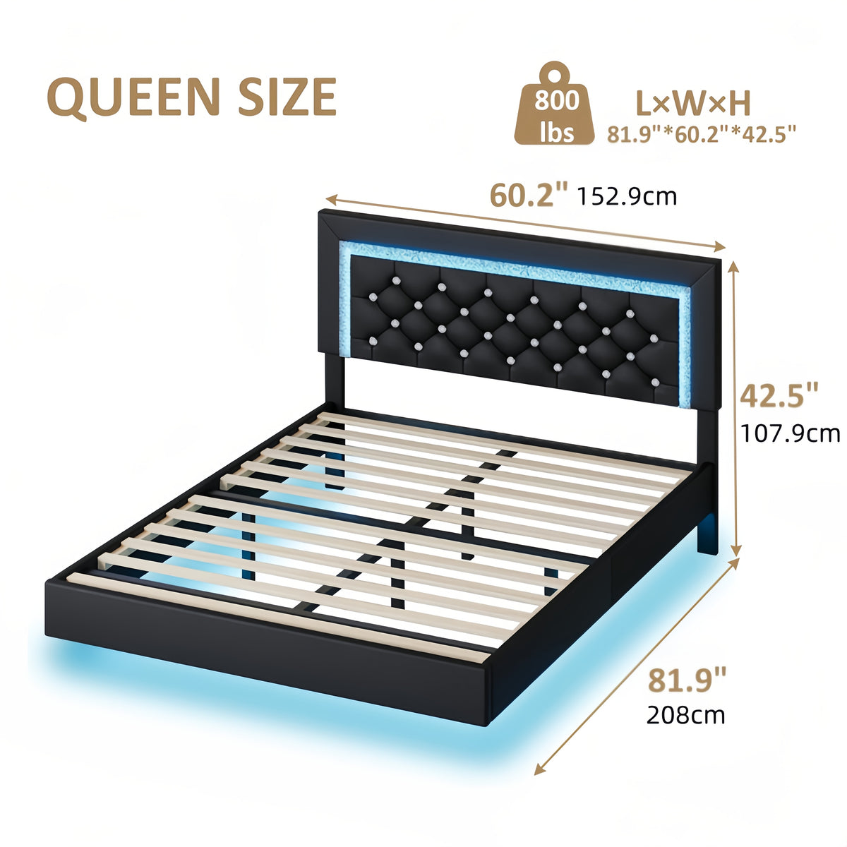 Twin Full Queen King Size Floating Bed Frame with LED Lights, Upholstered Platform Bed with Diamond Tufted Headboard, No Box Spring Needed, Noise Free, Easy Assembly, Black/Pink/White