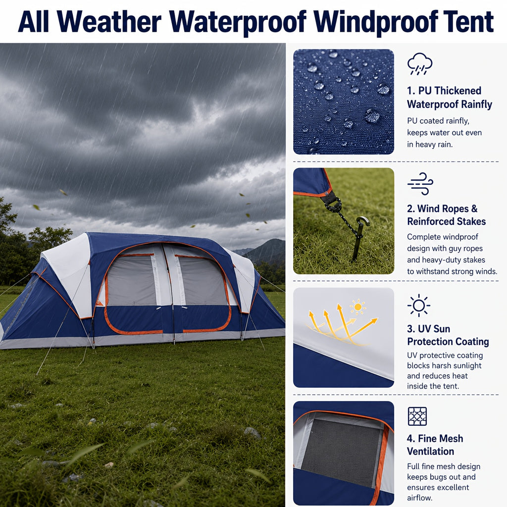 12-Person Camping Tent, Family Cabin Tent with 2/3 Rooms, Weatherproof, Features 6 Large Mesh Windows, Double Layer, Includes Dividing Curtain for Separate Rooms, Portable with Carry Bag