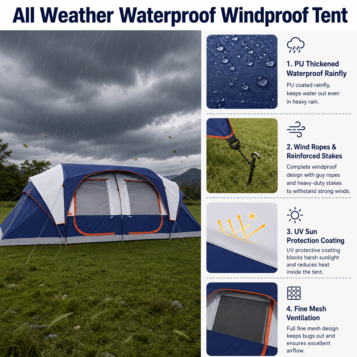 12-Person Camping Tent, Family Cabin Tent with 2/3 Rooms, Weatherproof, Features 6 Large Mesh Windows, Double Layer, Includes Dividing Curtain for Separate Rooms, Portable with Carry Bag