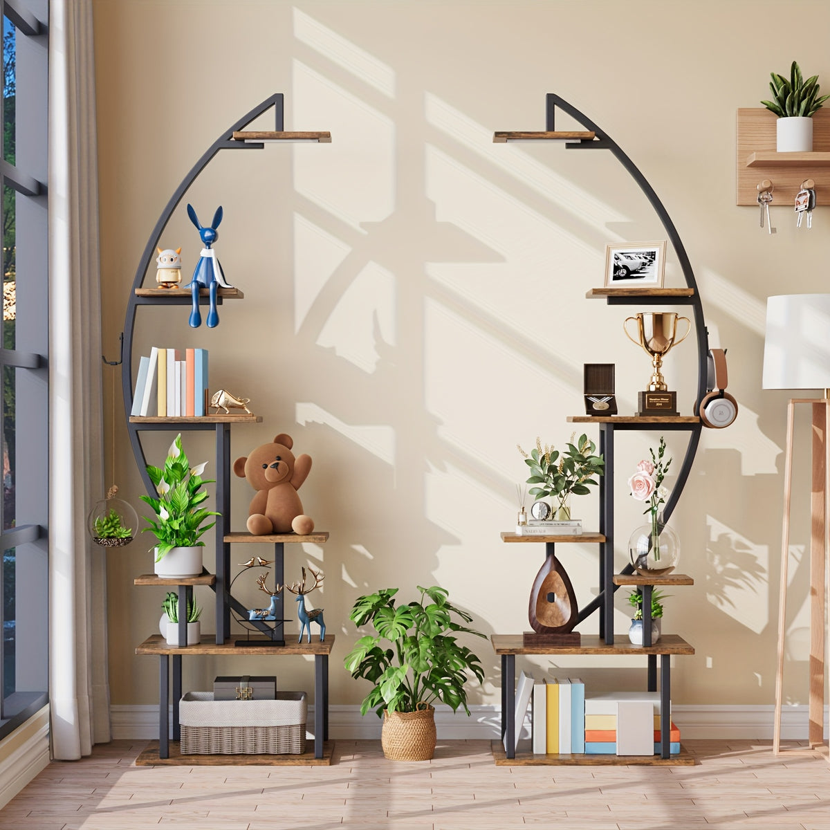 2pcs Bookshelf with Lights, 7 Tiered 65' Multi-Functional Metal Black And Brown Shelving Unit Wooden Bookcase for Books Handicraft Decorations Frames Multiple