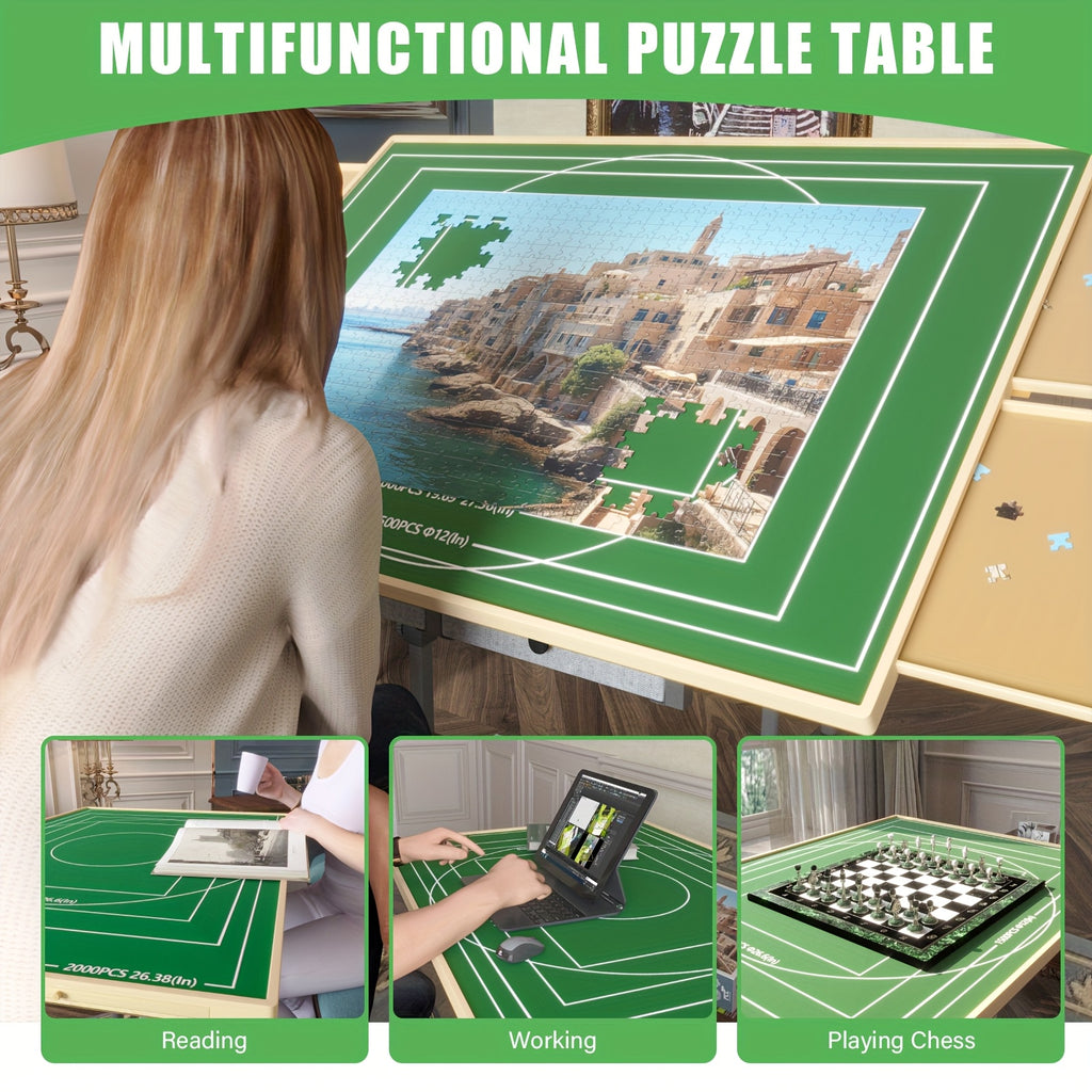 Puzzle Table with Legs, 5-Degree Tilting Angle Board Height Adjustable Multi-Functional Table with 6 Drawers for Puzzle Chess Reading 35 X 26 Inch Wooden Puzzle Board, Movable Good Gift Choice Good Home Decor