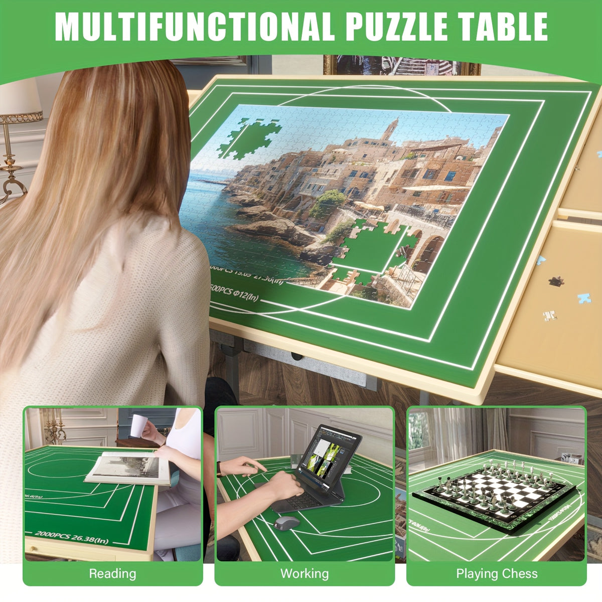 Puzzle Table with Legs, 5-Degree Tilting Angle Board Height Adjustable Multi-Functional Table with 6 Drawers for Puzzle Chess Reading 35 X 26 Inch Wooden Puzzle Board, Movable Good Gift Choice Good Home Decor