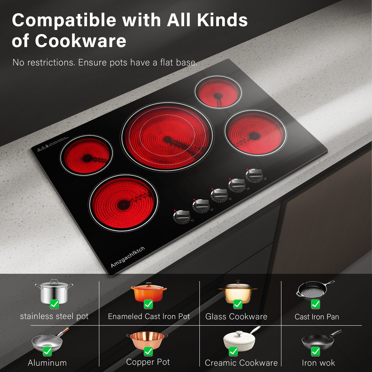 5 Burner Countertop Electric Cooktop, 30 Inch Built-in Ceramic Stove Top, 30" Radiant Electric Stove Top With Knob Control, Hot Surface Indicator, 9000W, 220V-240V Hard Wire(No Plug)