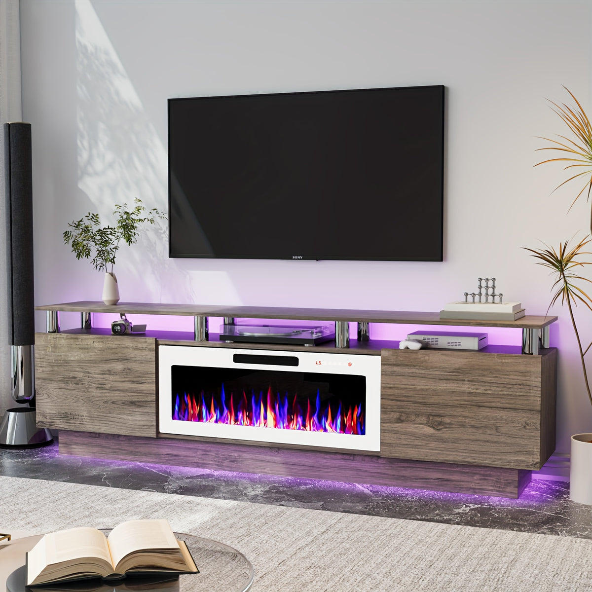 80 Inch LED Entertainment Center with 36 Inch Fireplace, for TVs Up to 90 Inches, Modern Wood TV Cabinet with High-gloss Storage, TV Stand with LED Light Strip Fireplace for Living Room