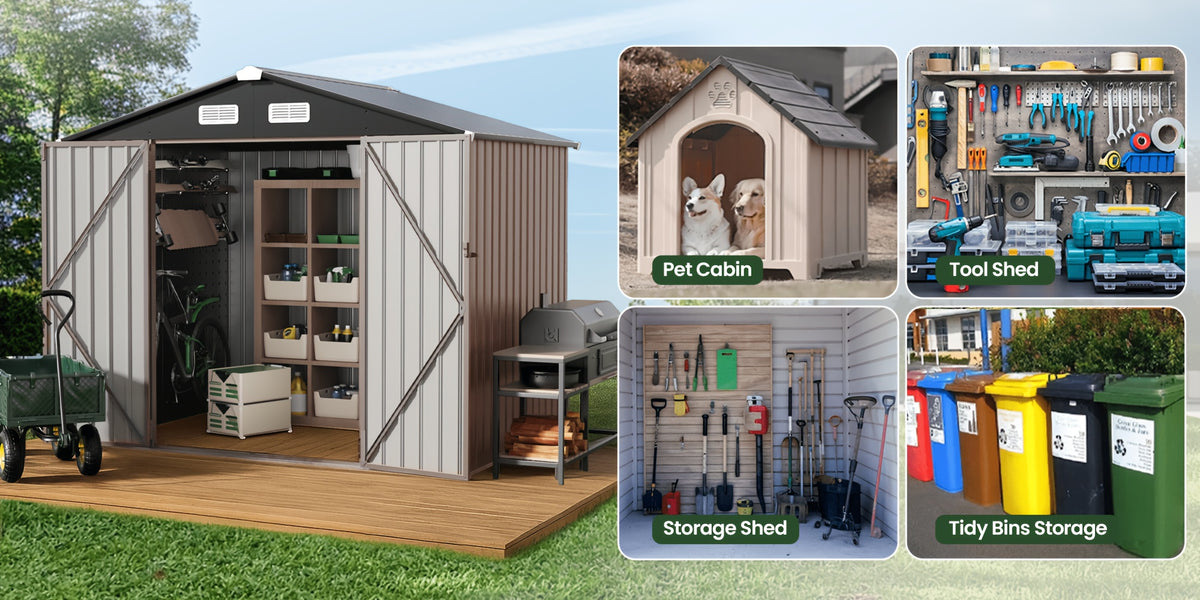 [Metal Storage Shed] 8x6ft (7.33'x5.28' Base, No Floor), 6 X 4ft, 10x12ft, 10x14ft, Metal Steel Outdoor Storage Shed with Air Vent & Lockable Doors, for Garden, Patio And Backyard, Tools, Bike
