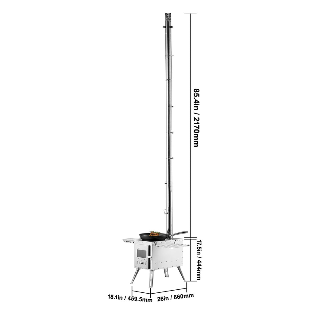 VEVOR Wood Stove, 86 inch, Stainless Steel Camping Tent Stove, Portable Wood Burning Stove with Chimney Pipes & Gloves, 3000in³Firebox Hot Tent Stove for Outdoor Cooking and Heating with 8 Pipes
