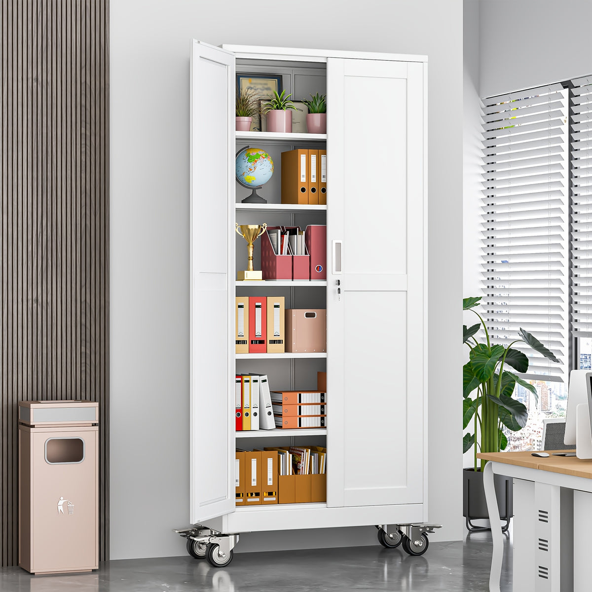 61/71/75 Inch High Wheeled Metal Storage Cabinet with 2 Doors And Adjustable Partitions, Metal Filing Cabinet, Suitable for Home Offices, Kitchens, Warehouses, And Garages
