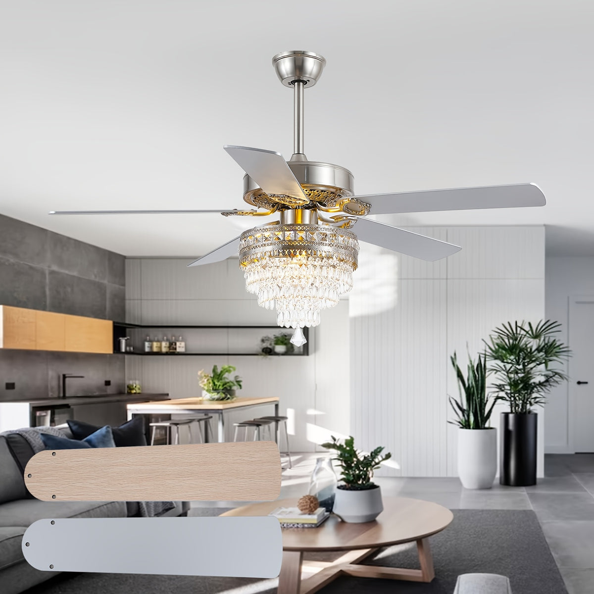 [Ceiling Fan With Light] 52-Inch Modern Ceiling Fan With Light And Remote Control - Quiet Motor Suitable For Rooms, Reversible Blades, Remote/ Control, Light Fixture, Plug, Voltage-Compatible For /Office (No Color-Changing)