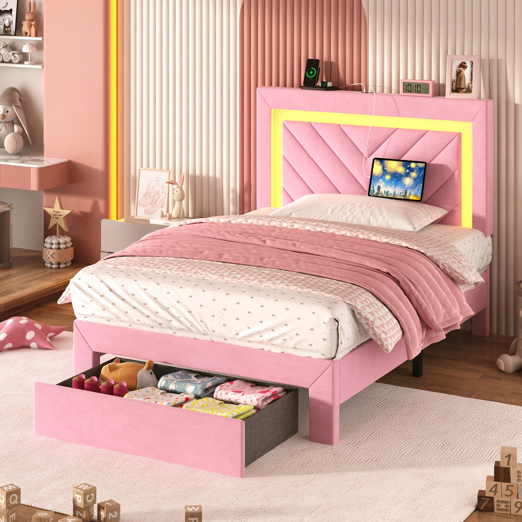 Pink Bed Frame with LED Headboard and Charging Station, 2 Storage Drawers, No Box Spring Needed, Noise Free