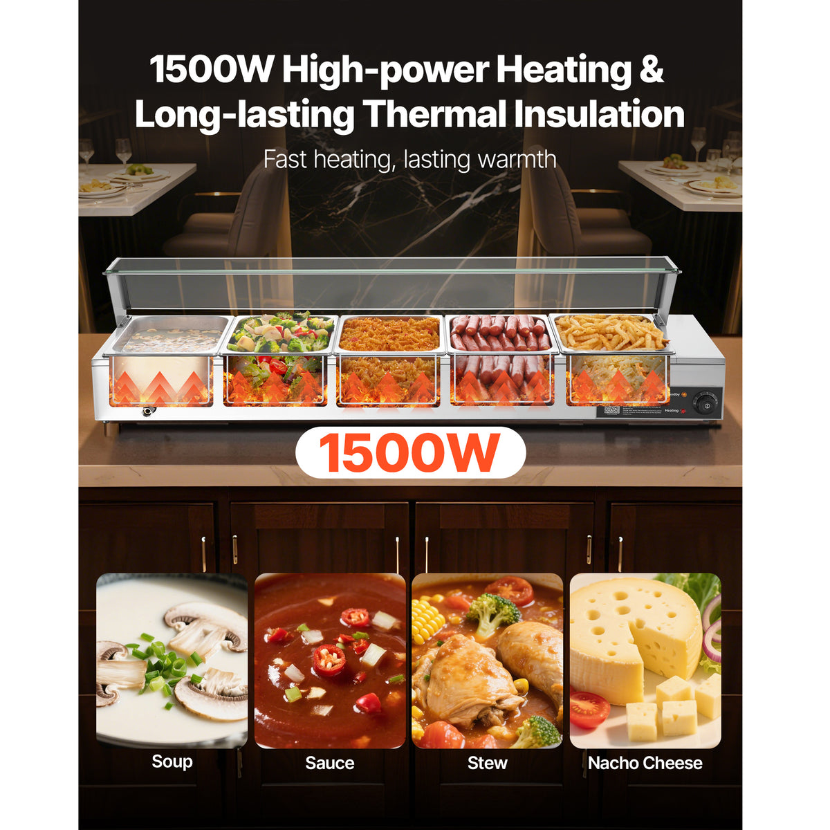 VEVOR Commercial Food Warmer, 1500W Electric Stainless Steel Steam Food Warmer with Glass Cover, Countertop Buffet Bain Marie with Three 1/2 Size / Five 1/2 Size Food Pans, for Catering, Restaurant, Party & Buffets