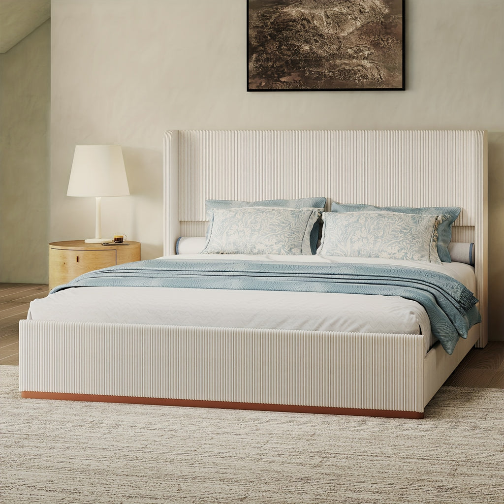 Queen/King Size Upholstered Platform Bed Frame with Vertical Channel Tufted Wingback Headboard, Soft Corduroy Bed with Solid Steel Slats, No Box Spring Needed, Noise Free, Easy Assembly, Modern White