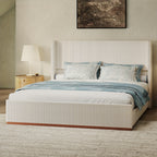 Queen/King Size Upholstered Platform Bed Frame with Vertical Channel Tufted Wingback Headboard, Soft Corduroy Bed with Solid Steel Slats, No Box Spring Needed, Noise Free, Easy Assembly, Modern White