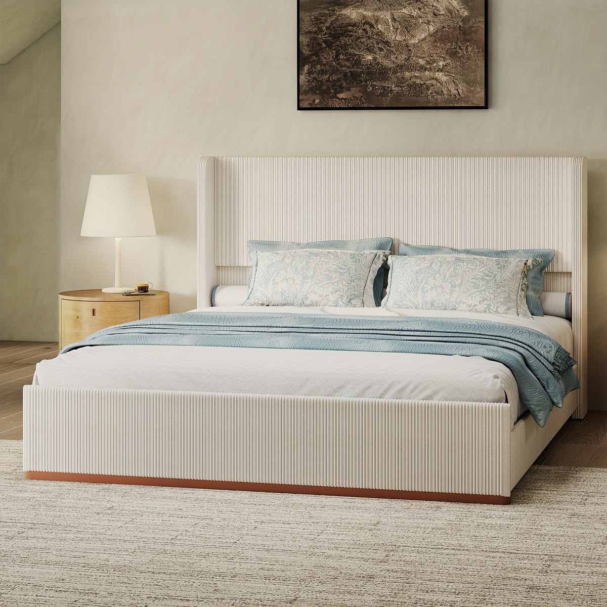Queen/King Size Upholstered Platform Bed Frame with Vertical Channel Tufted Wingback Headboard, Soft Corduroy Bed with Solid Steel Slats, No Box Spring Needed, Noise Free, Easy Assembly, Modern White