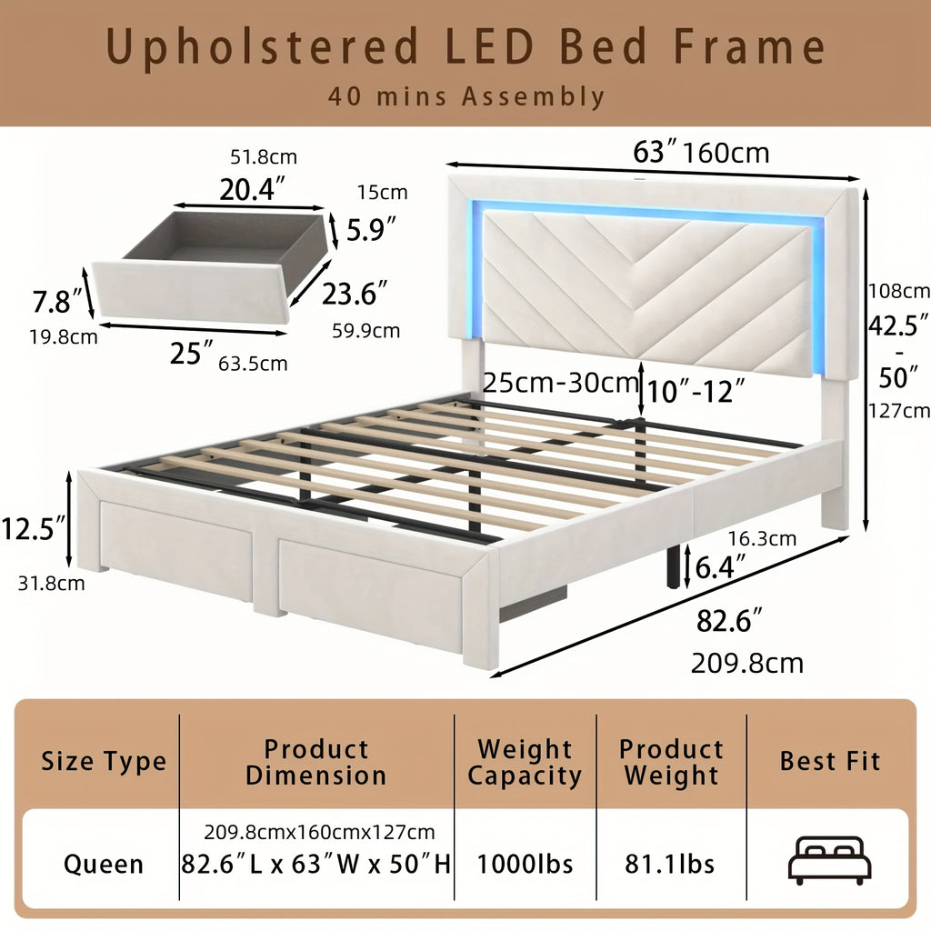 Platform Bed Frame with LED Adjustable Headboard, Upholstered Bed Frame with Storage Drawers And Charging Station, Twin, Full, Queen, No Box Spring Needed, Noise Free