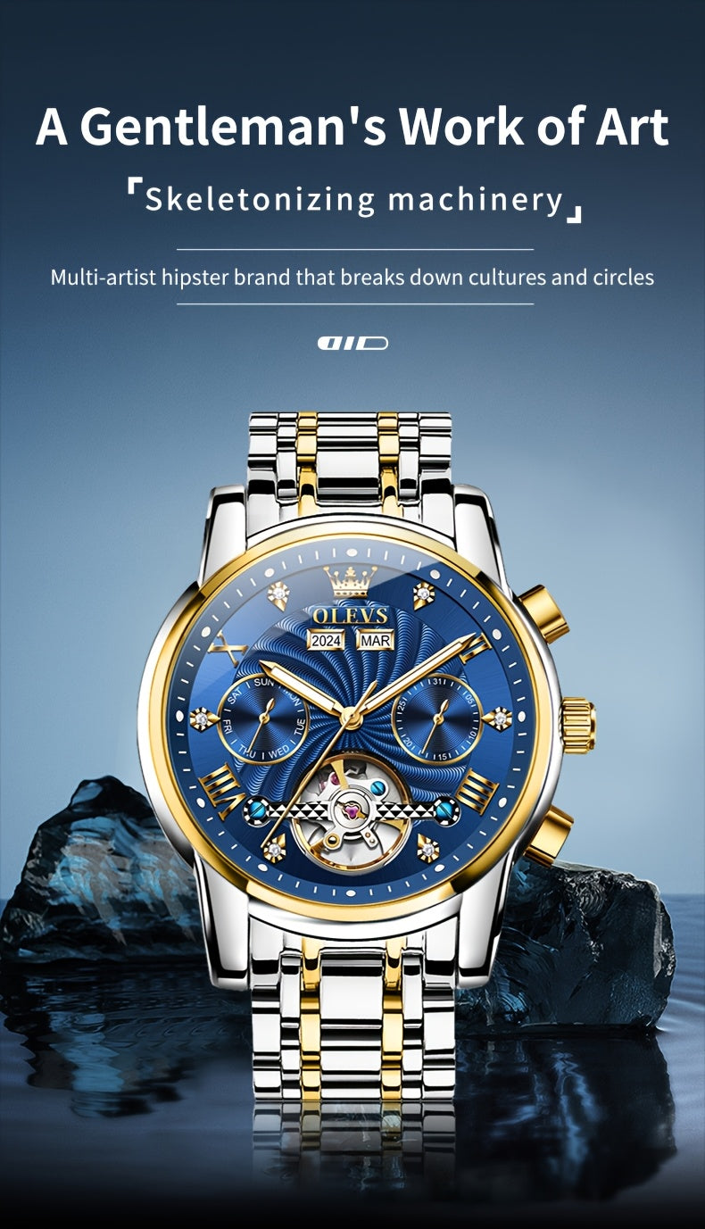 OLEVS Men's Mechanical Watch — Automatic Stainless Steel Wristwatch with Luminous Dual-Calendar Large Dial