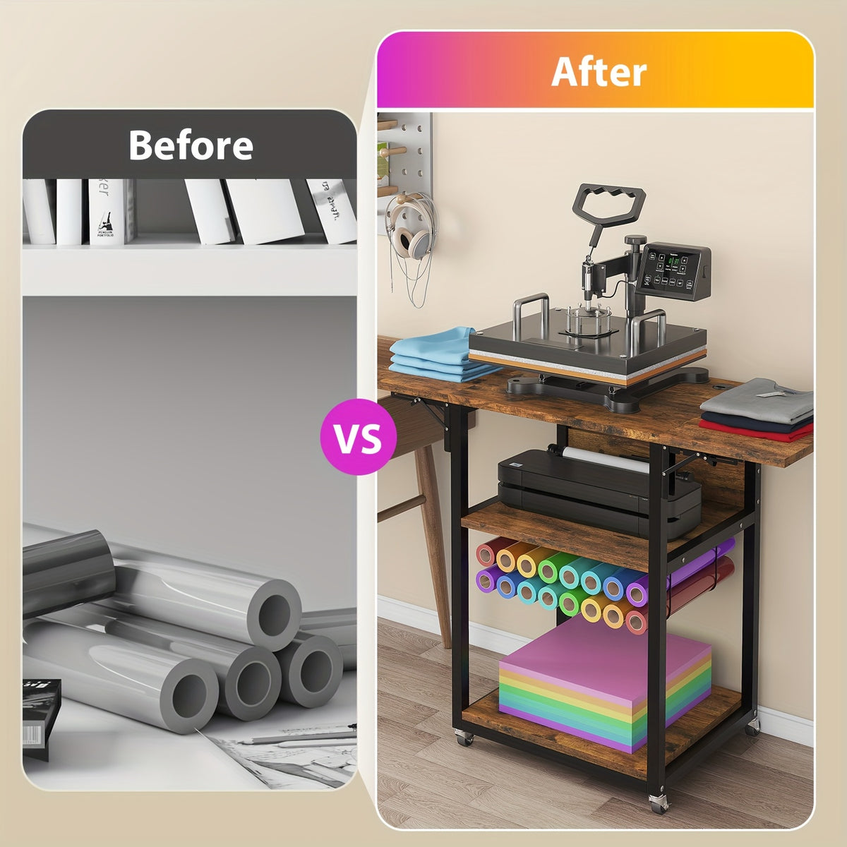 VISOUD 3-Tier Foldable Heat Press Machine Table, Portable Metal Stand with Vinyl Reel Holder, Heavy-Duty for DIY Sublimation Printer, White - Crafts, Crafts & Sewing Supplies, Heat Press Machine Accessories