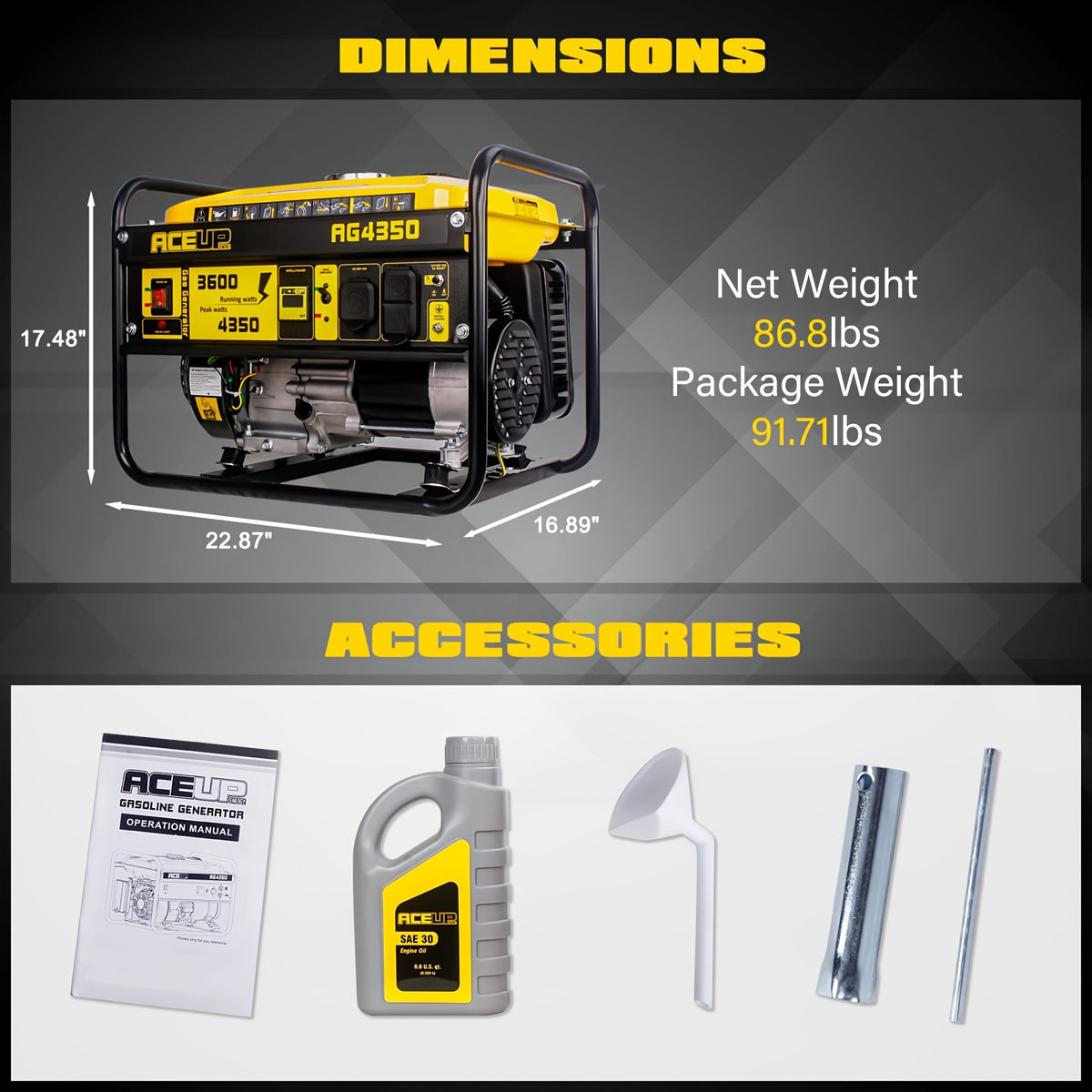 Aceup Energy 4350 Watt Gas Generator Portable Powered Equipment for Home Use, Hurricane, Extreme Weather, Power Outage, RV Ready, 30A Outlet, 4350W Peak, 3600W Rated