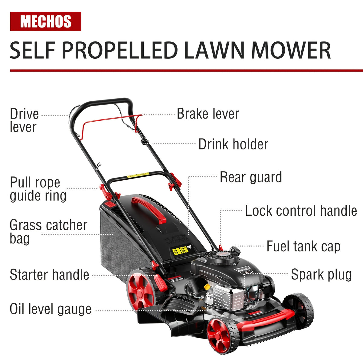 22 Inch 201cc 4-Cycle Engine 3-Position Cutting Height Adjustment 3-in-1 Gas Walk Behind Lawn Mower, 65L Grass Catcher, An Installation Kit And Four Wheels Are Included 3200RPM, 14 Gal Grass Bin