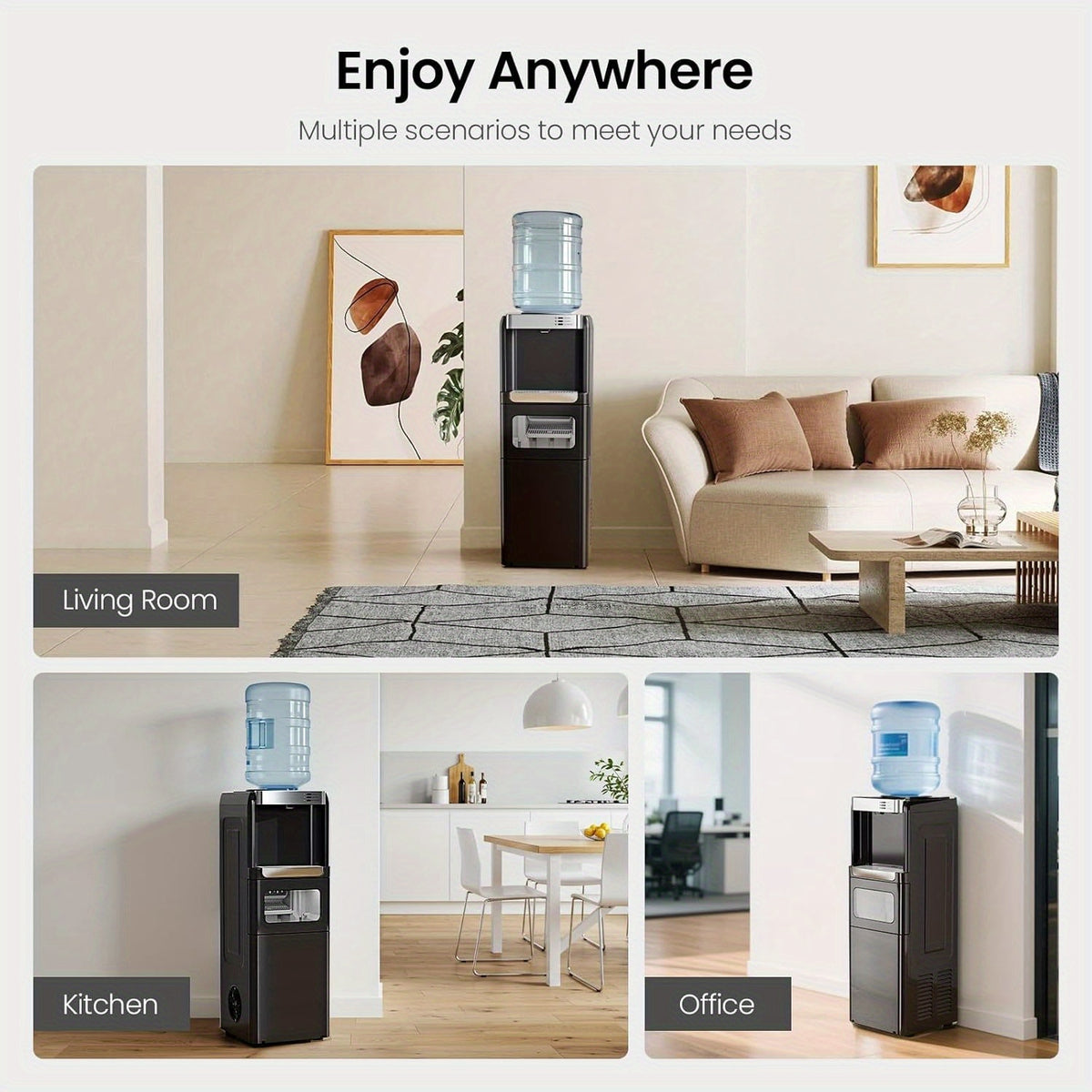 Black, White 3-in-1 Water Dispenser with Ice Maker (33LBS/Day), Hot & Cold, Child Safety Lock, Touch Control, for 3-5 Gal Bottles, Home & Office.