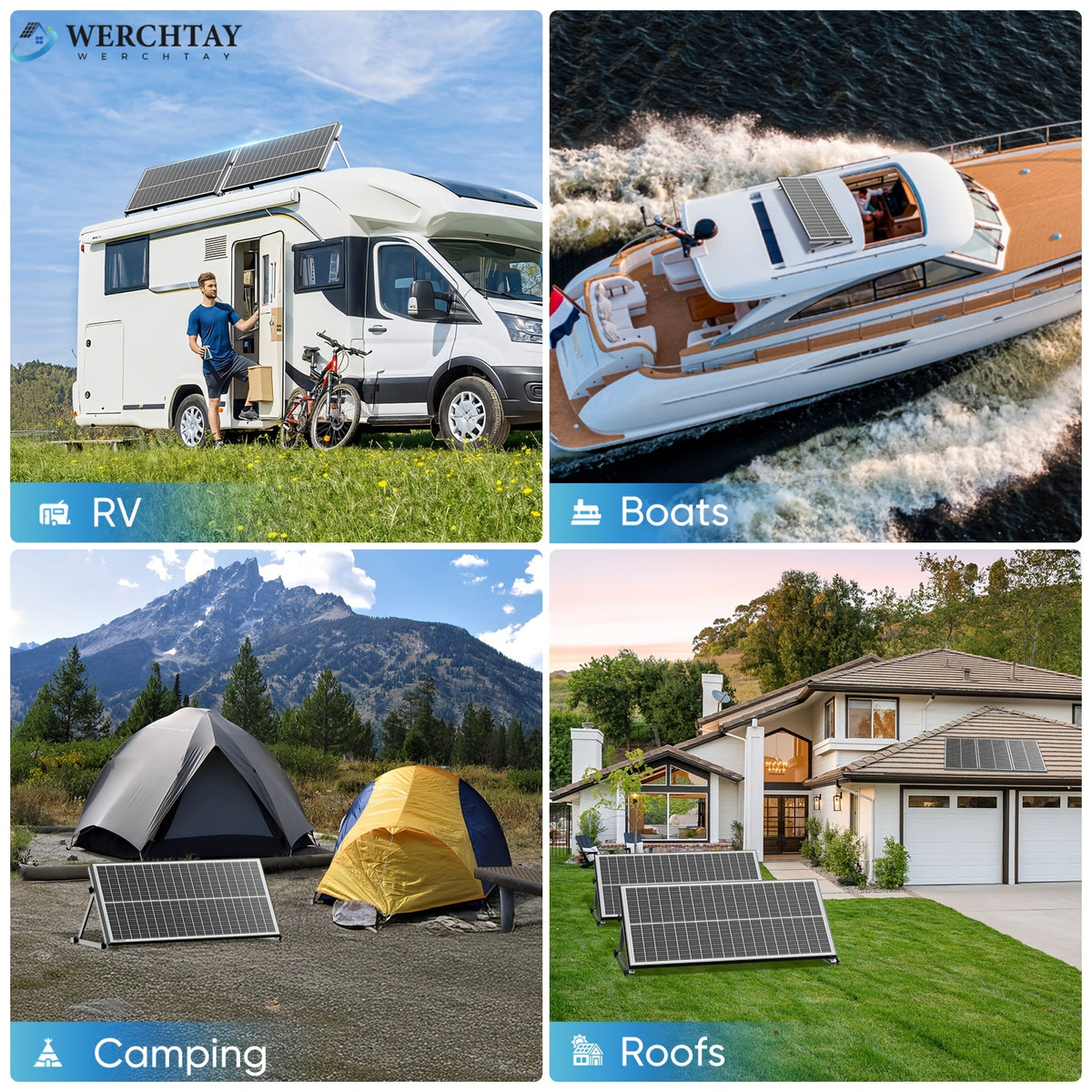 Werchtay 200W Solar Panel, 12V Monocrystalline High-conversion Photovoltaic Modules, Suitable for Off-grid Systems Such As RVs, Home Battery Charging, Stadiums, And Industrial Power Applications(100W*2/100W*1)