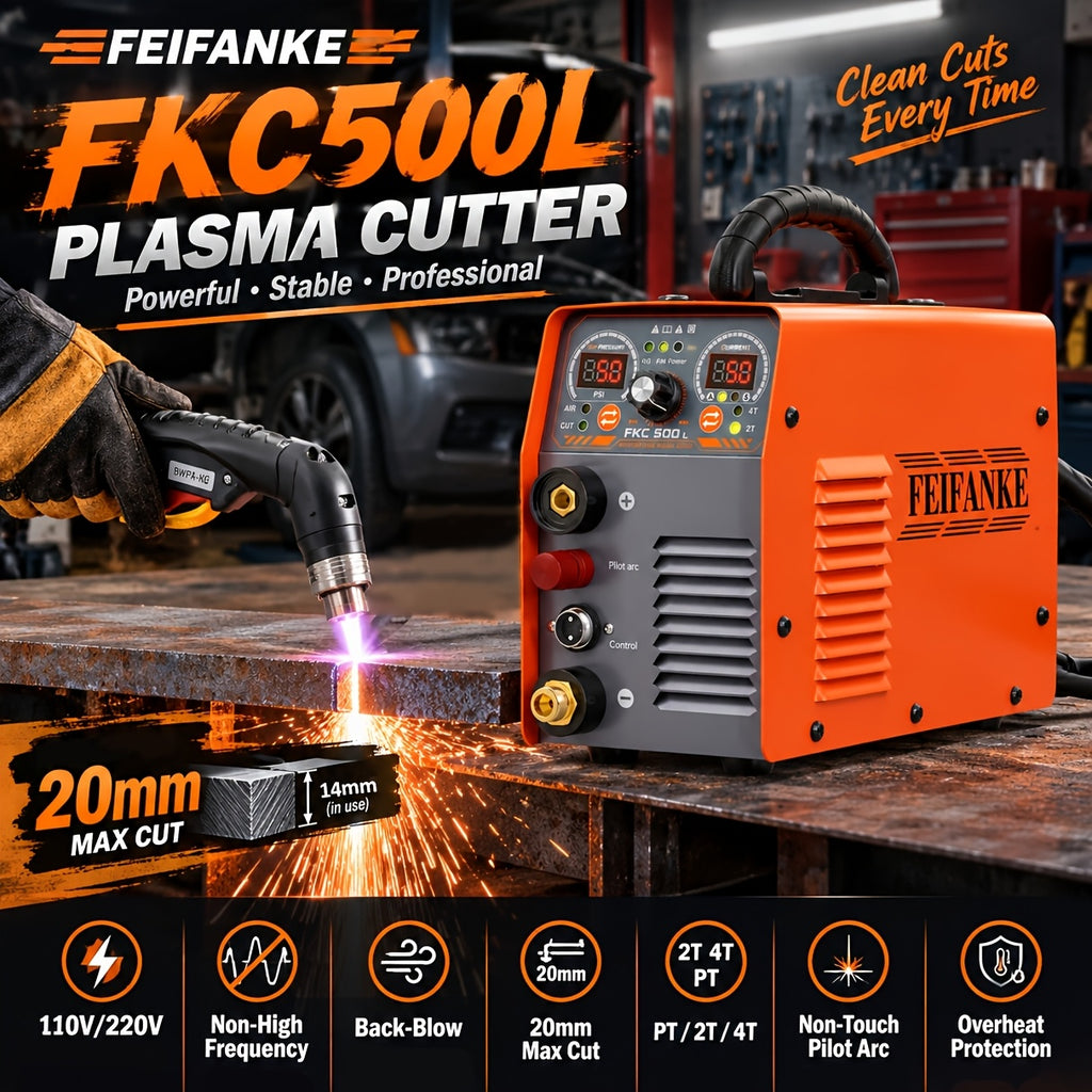 FEIFANKE 50A Plasma Cutter, 110V/220V, Non-Touch Pilot Arc, Non-High Frequency Blow-Back Start, 20mm Max Cut, Air Sensor, Digital Display, PT/2T/4T, Overheat Protection for Automotive Repair, Metal Fabrication, DIY