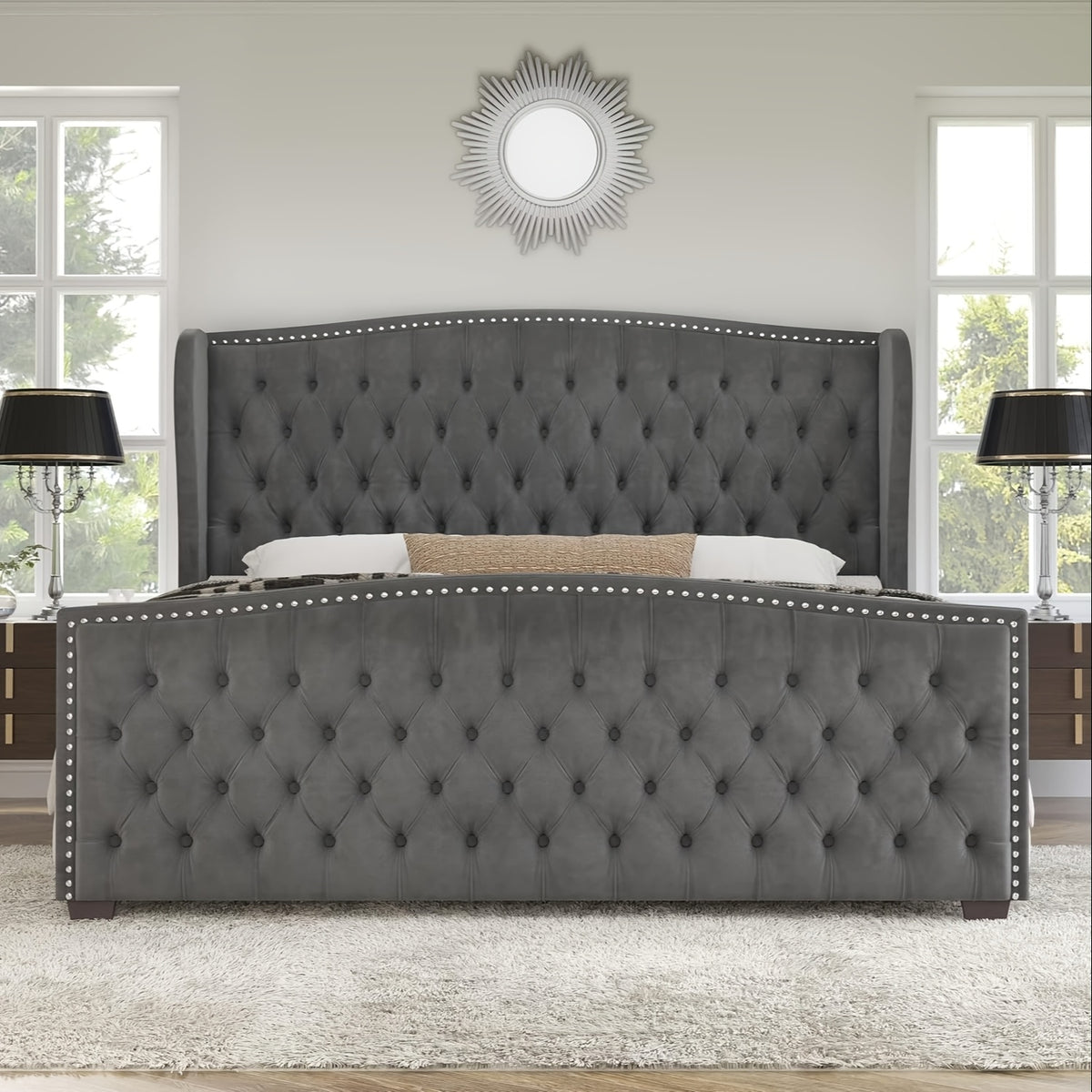 Platform Bed Frame, Velvet Upholstered Bed with Deep Button Tufted & Nailhead Trim Wingback Headboard/No Box Spring Required/