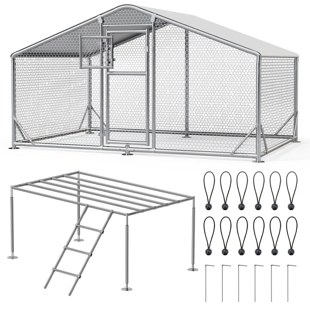 Large Metal Chicken Coop & Enclosure Kit, Featuring Climbing Perches, Wire Mesh Siding, And A Waterproof, UV-Resistant Canopy, Advanced Series Outdoor Walk-in Run, Suitable For Chickens, Ducks, Rabbits, And Dogs