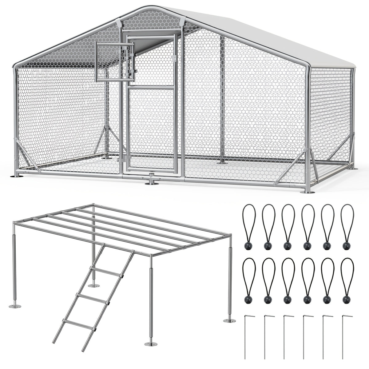 Large Metal Chicken Coop & Enclosure Kit, Featuring Climbing Perches, Wire Mesh Siding, And A Waterproof, UV-Resistant Canopy, Advanced Series Outdoor Walk-in Run, Suitable For Chickens, Ducks, Rabbits, And Dogs