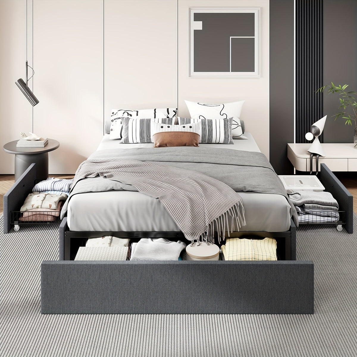 HOOMIC Full/Queen Size Platform Bed Frame with 3 Storage Drawers, Linen Fabric/Faux Leather Upholstered, Headboard Compatible, Wooden Slat Support, No Box Spring Needed, Noise Free, Dark Grey/Black