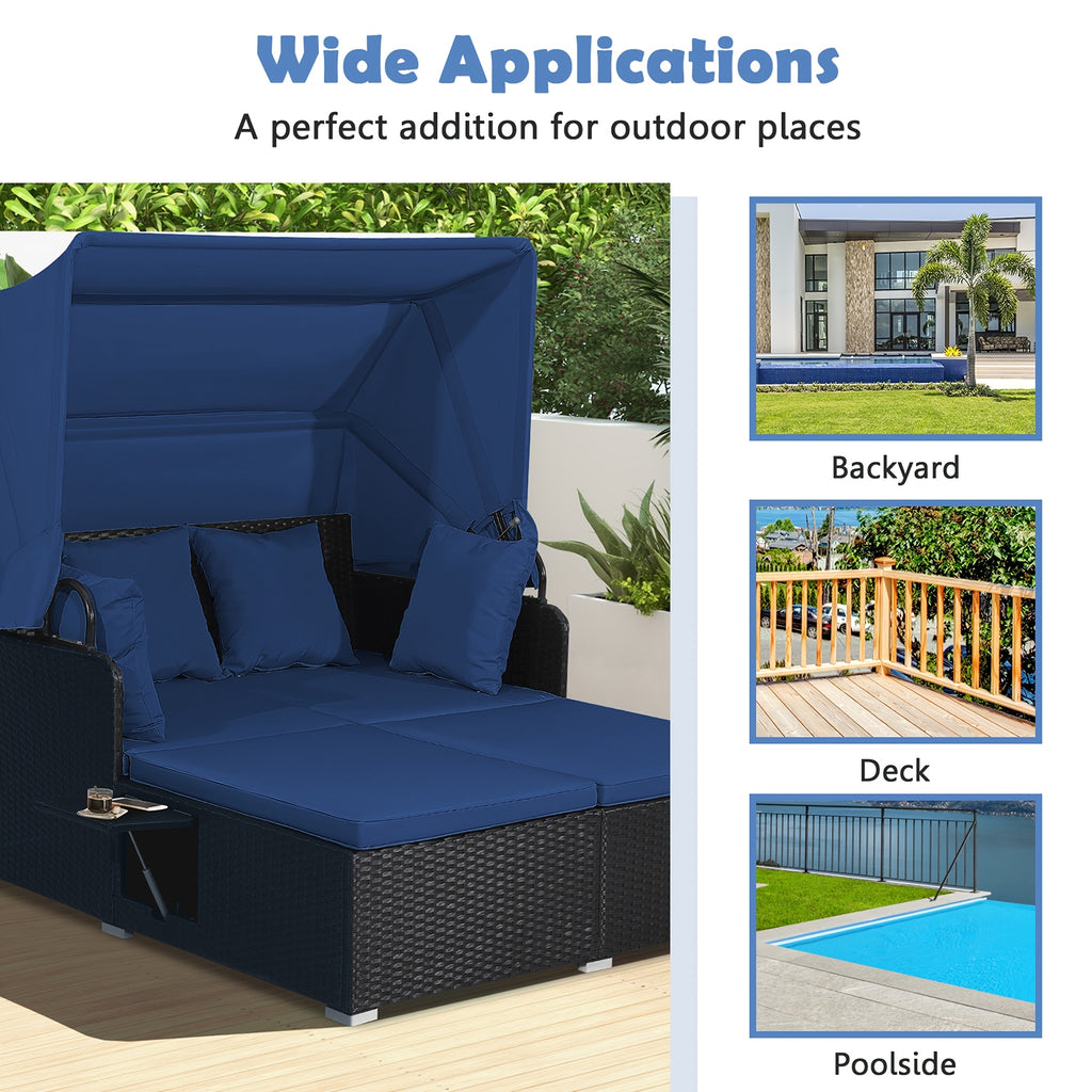 COSTWAY Patio Rattan Daybed Lounge Retractable Top Canopy Side Tables Cushions Gray.